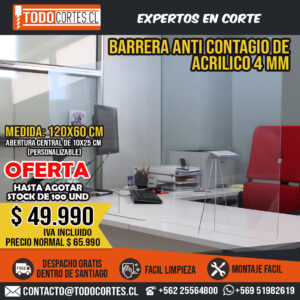Mampara Protectora De Acrílico Para Mesón Atención A Público 120 Cms. X 60 Cms.