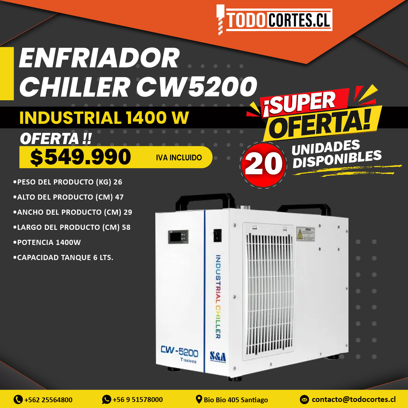 ENFRIADOR CHILLER CW5200 INDUSTRIAL 1400W