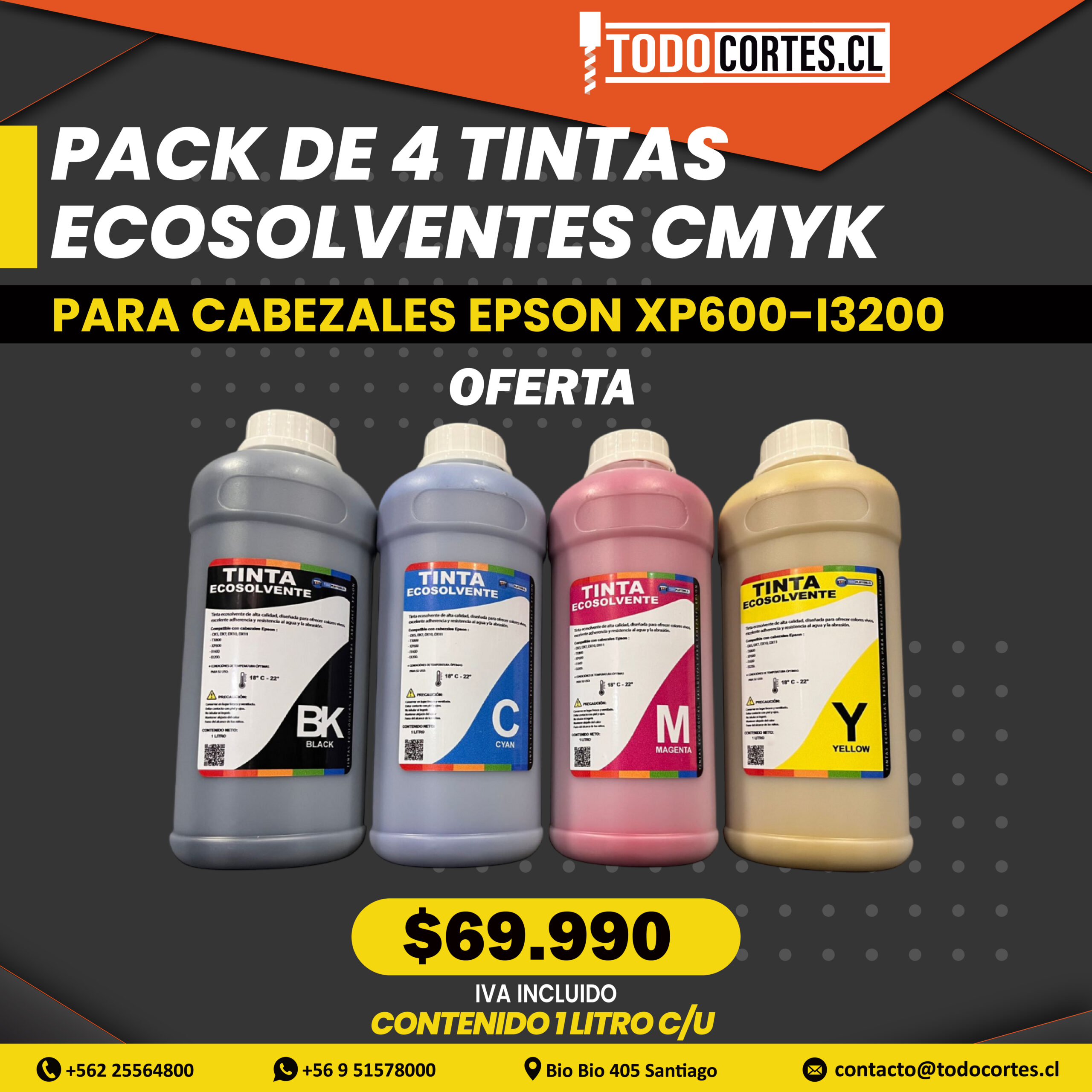 PACK 4 TINTAS ECOSOLVENTE 1LT 1000 ML PARA CABEZALES EPSON XP600/I3200