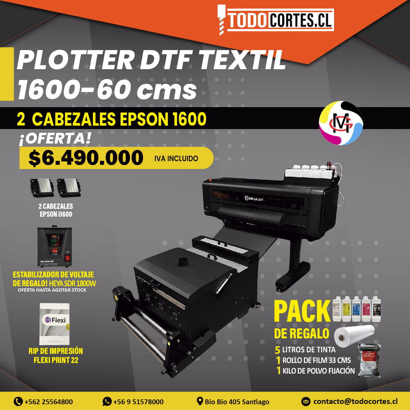 PLOTTER DTF TEXTIL DE 60CMS DE ANCHO CON 2 CABEZALES i1600