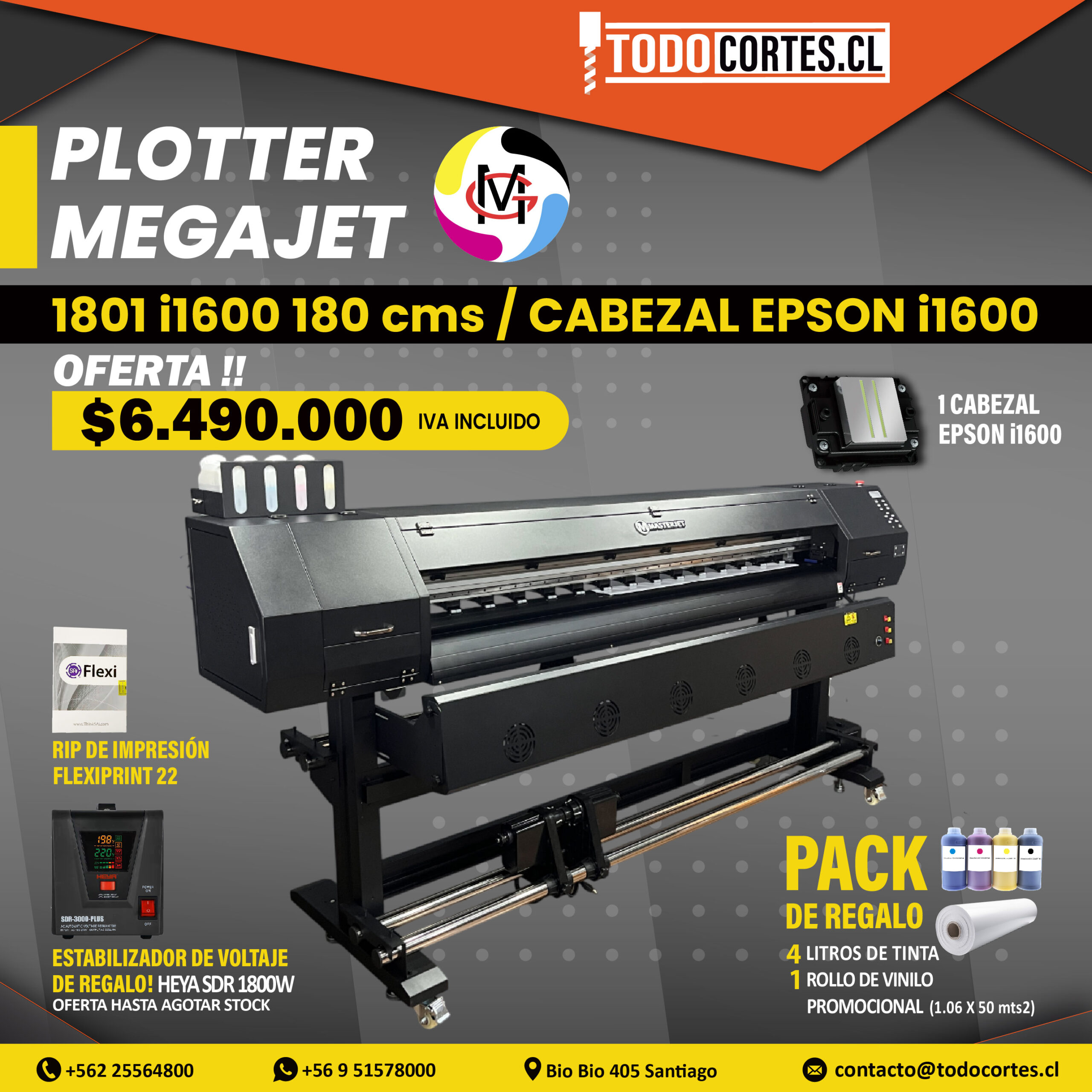 PLOTTER DE IMPRESION ECOSOLVENTE MEGAJET 1801E 180CMS CABEZAL EPSON i1600