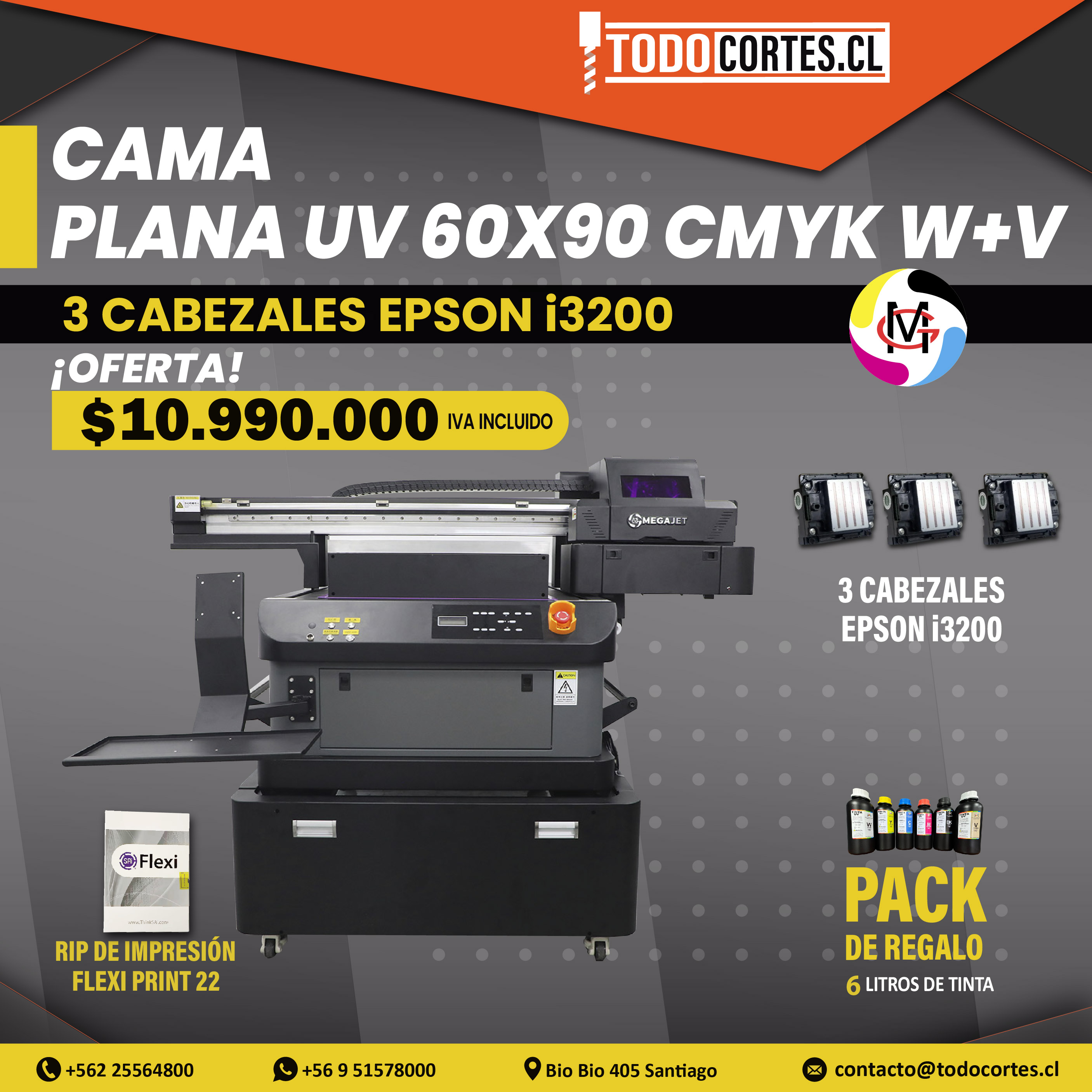 PLOTTER CAMA PLANA UV MEGAJET DE 60X90CMS CON 3 CABEZALES i1600 CMYK + W + V