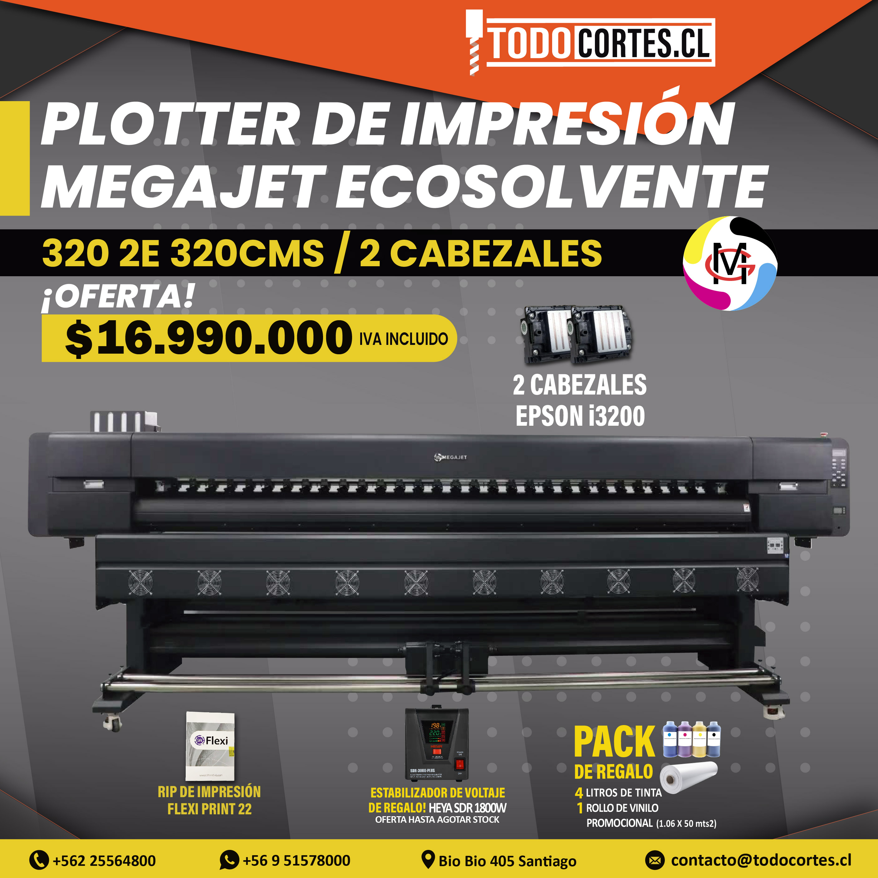 PLOTTER DE IMPRESION ECOSOLVENTE MEGAJET 3202E 320CMS 2 CABEZALES EPSON i3200