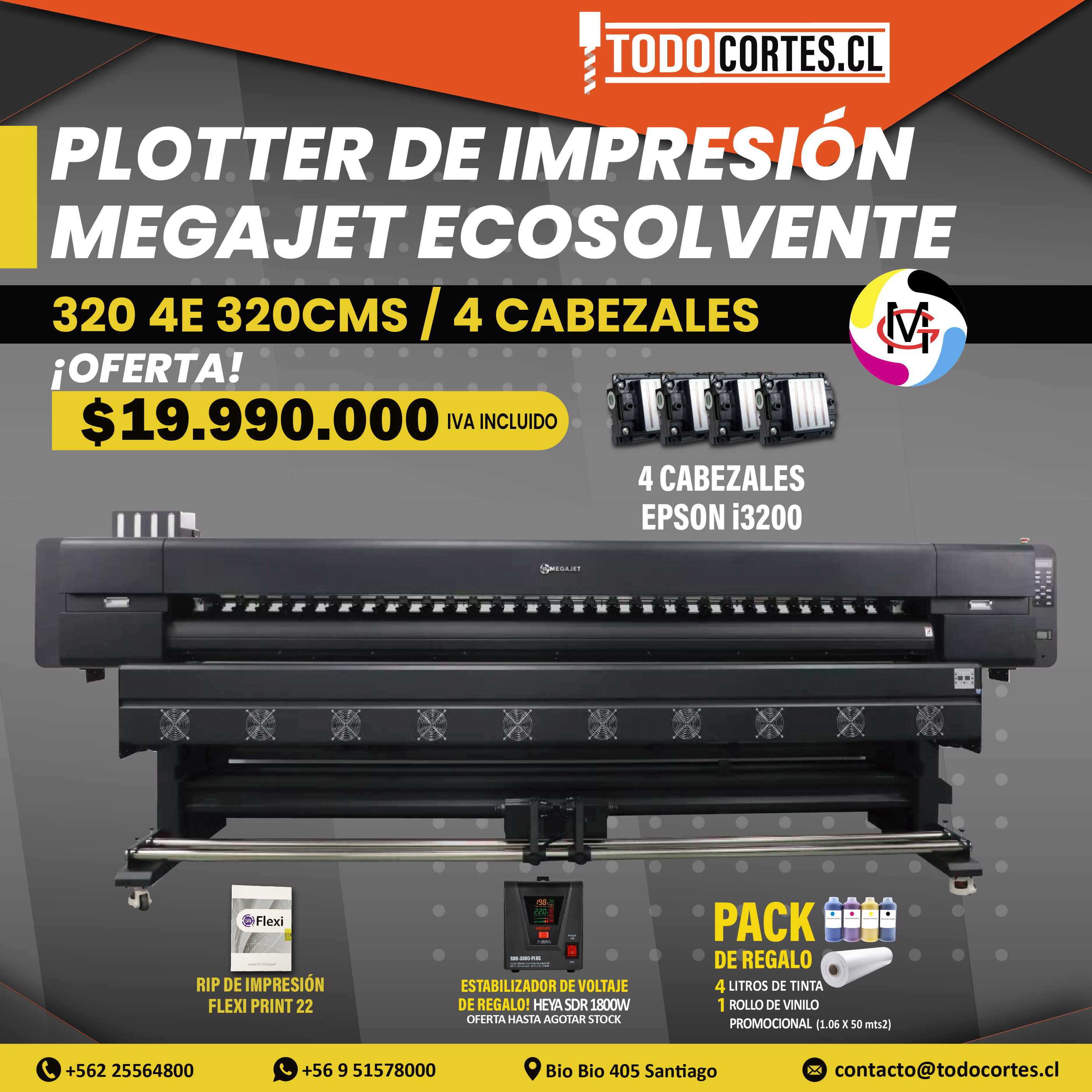 PLOTTER DE IMPRESION ECOSOLVENTE MEGAJET 3204E 320CMS 4 CABEZALES EPSON i3200