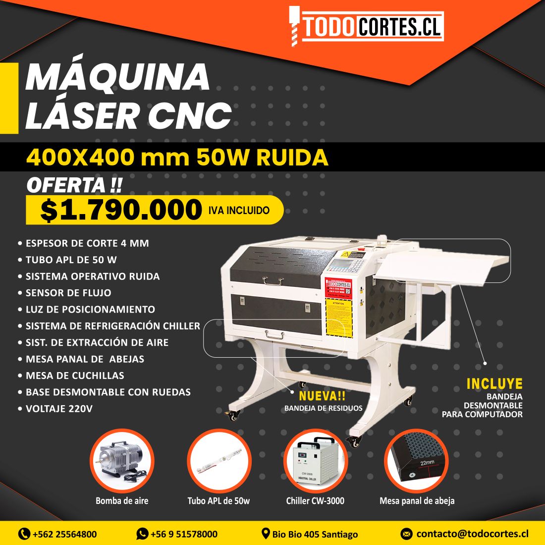 MAQUINA DE CORTE Y GRABADO LÁSER CNC 400X400MM 50W CON SISTEMA RUIDA 6445 Y CHILLER CW-3000