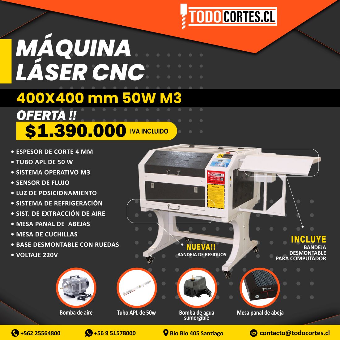 MAQUINA DE CORTE Y GRABADO LÁSER CNC 400X400MM 50W CON SISTEMA M3