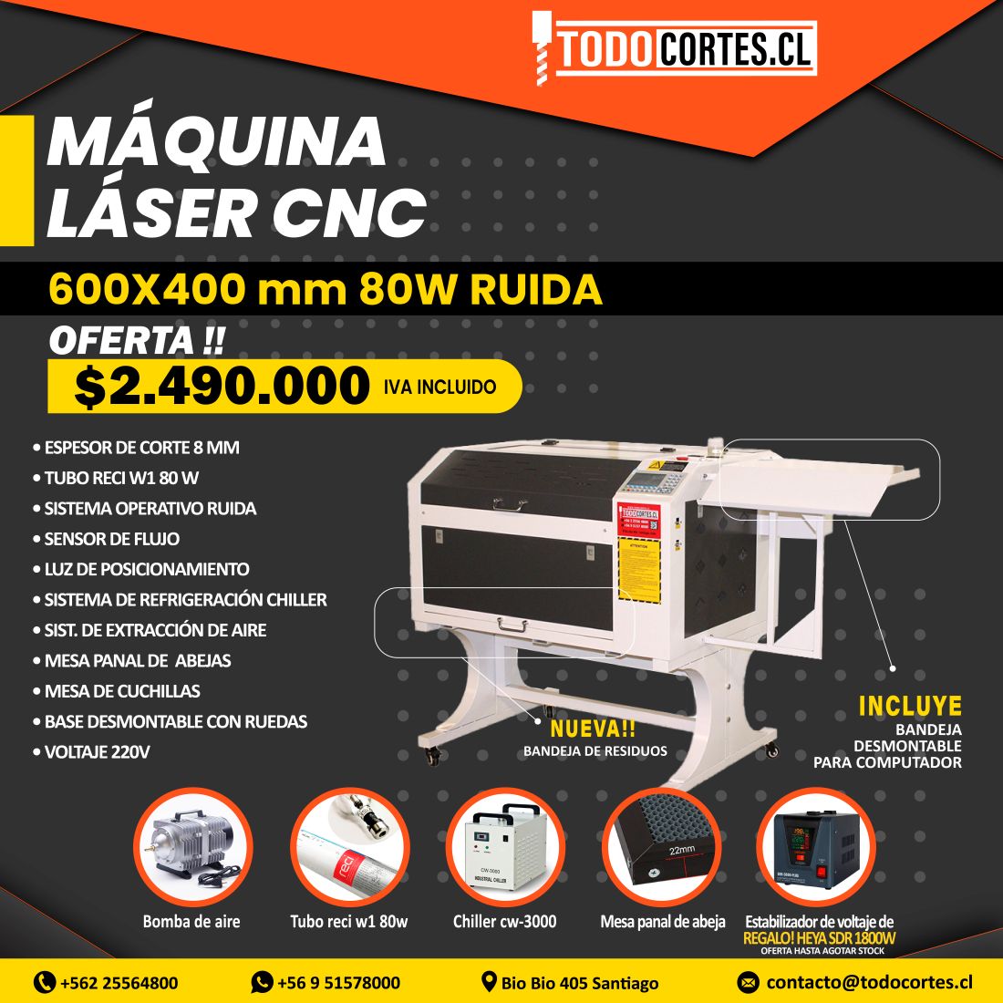 MAQUINA DE CORTE Y GRABADO LÁSER CNC 600X400MM RECI W1 80W