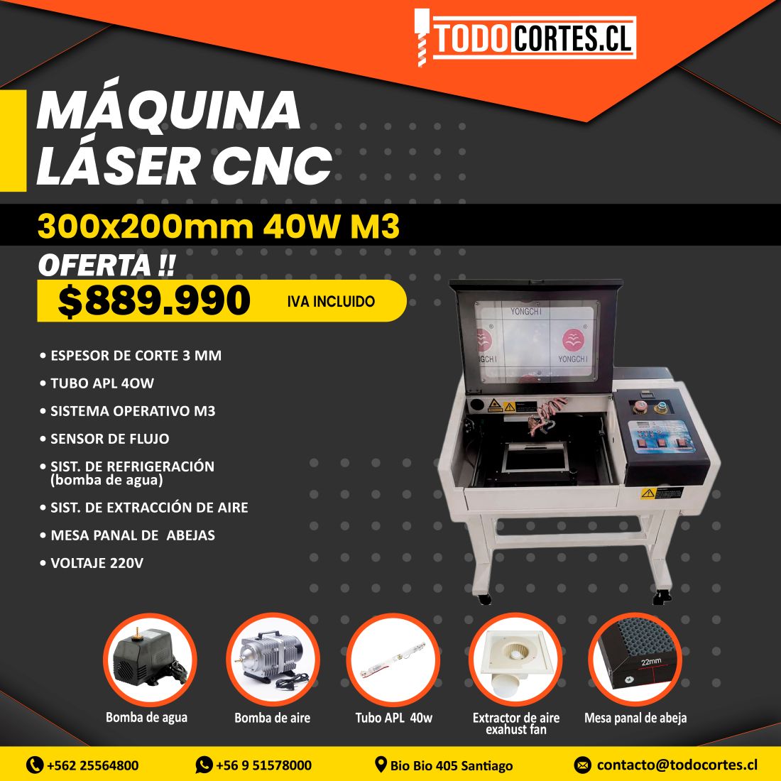 MAQUINA DE CORTE Y GRABADO LÁSER CNC 300X200MM 40W Y BASE CON RUEDAS